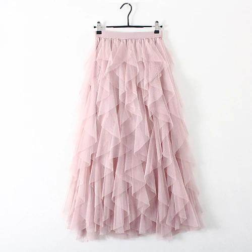 Surmiitro, нестандартная Тюлевая юбка, женская,, осень, зима, Корейская, элегантная, высокая талия, плиссированная юбка, женская, трапециевидная, длинная, макси юбка - Цвет: Розовый