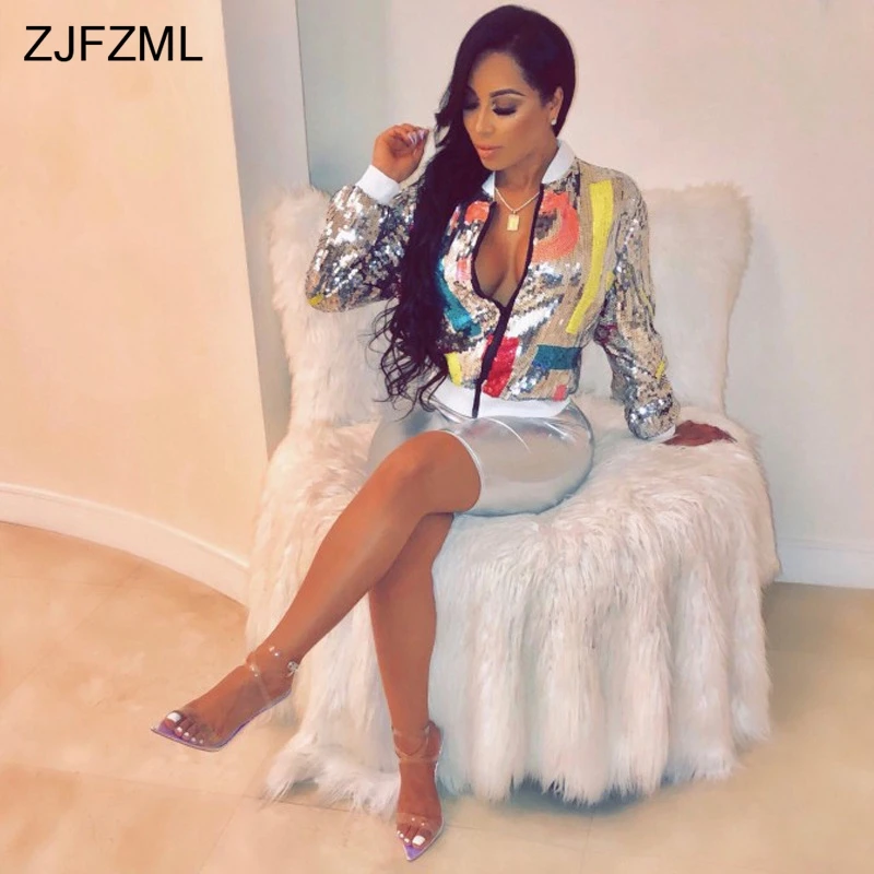 Kopen ZJFZML Glitter Sparkly Sequin Bijgesneden Jas Casual Vrouwen Rits Lange Mouwen Slim Fit Jas Streetwear Biker Herfst Uitloper