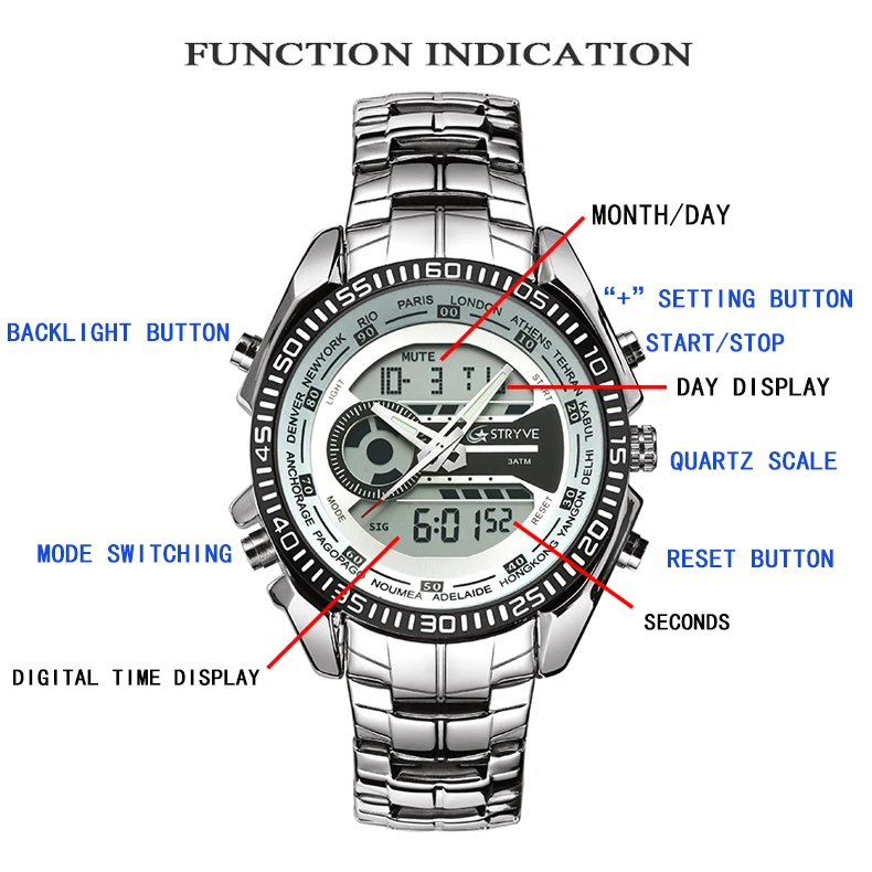 Роскошные Брендовые мужские часы Stryve, военные часы с тяжелым циферблатом из нержавеющей стали, водонепроницаемые спортивные цифровые кварцевые часы для мужчин s relogio masculino