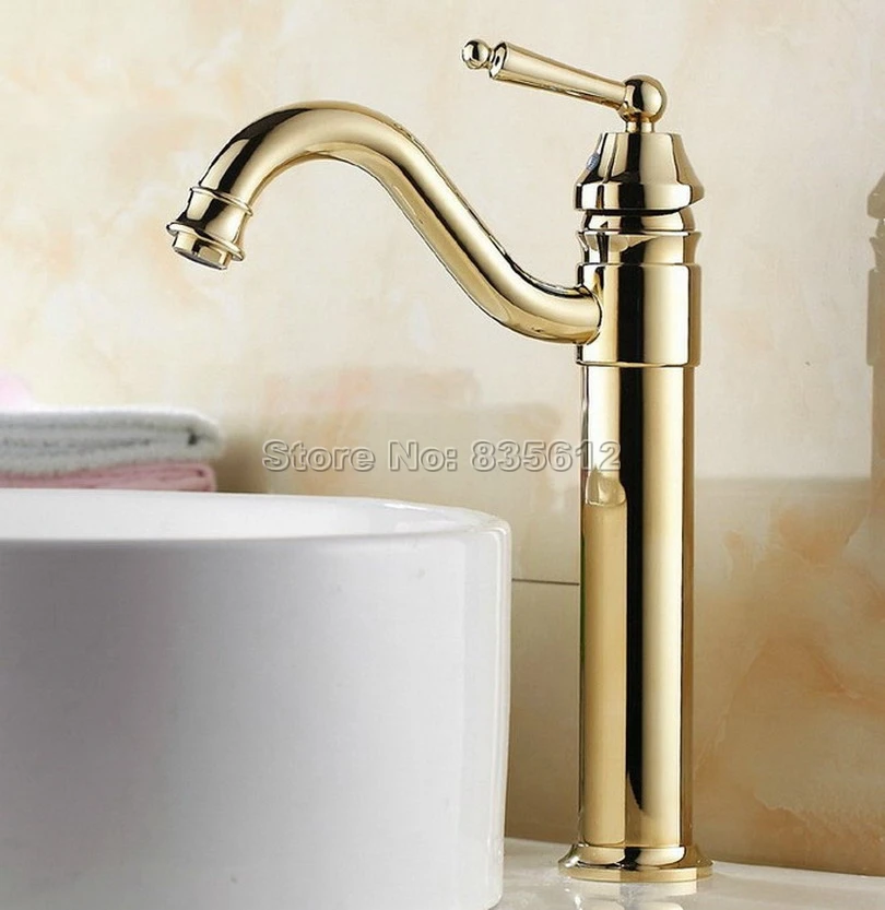 

Contemporary Concise Style Gold Color Brass Swivel Spout Kitchen Sink Faucet / Single Hole Deck Mounted Basin Mixer Taps Wgf055