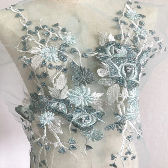 

Embroidery Lace Collar Pearl Beaded 3D Flowers Trim Lace Applique Wedding Dress Decor Neckline Floral Patch Costume