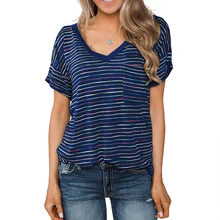 Summer Women Short Sleeve O Neck T-shirt Casual Basic T Shirts Loose Striped Tops Tees casual scoop neck striped twisted t shirt for women