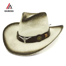 QIUBOSS унисекс с черным напылением бумажная соломенная Карнавальная ковбойская шляпа голова быка украшение мужчины Женщины Большой Пляжный навес солнцезащитная Кепка Панама