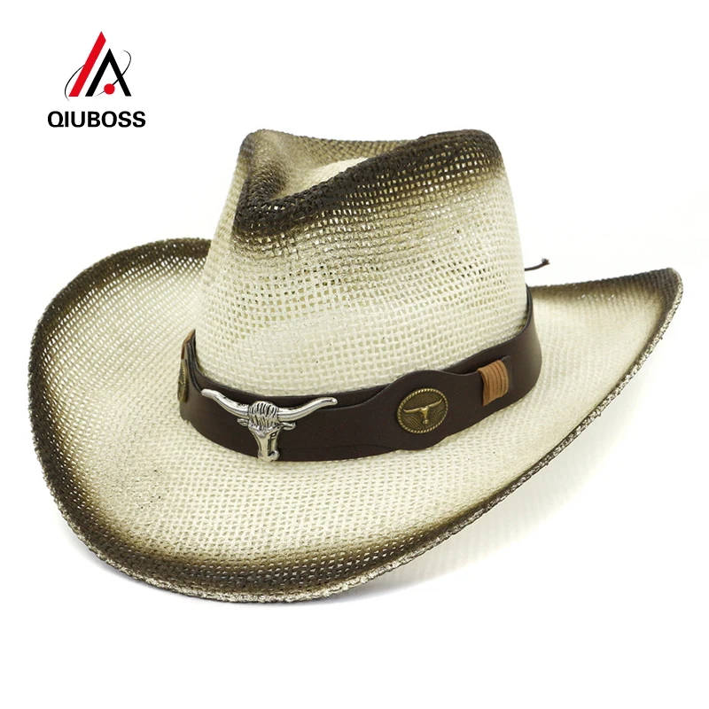 

QIUBOSS Unisex Black Spray Paint Paper Straw Carnival Cowboy Hat Bull Head Decoration Man Women Large Brim Beach Sun Cap Sunhat