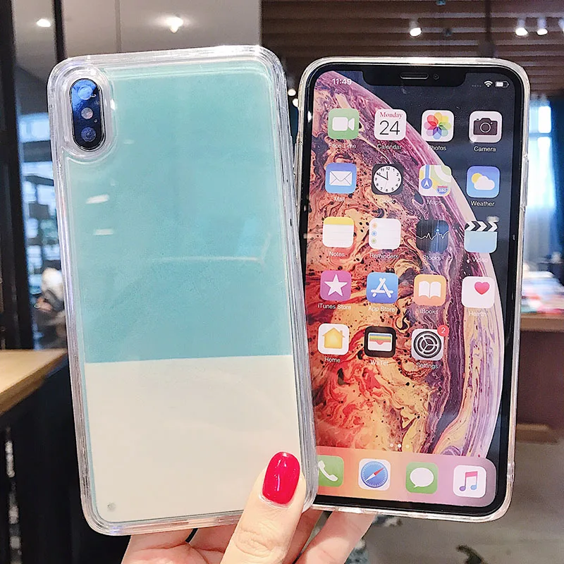 Светящийся неоновый песок сплошной цвет чехол для iPhone XR XS max X 6 7 8plus светится в темноте Жидкий блеск зыбучий песок чехол для телефона крышка