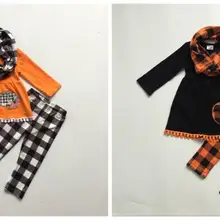 Новинка, осенне-зимние комплекты из 3 предметов для маленьких девочек на Хэллоуин, шарф, черный топ, штаны хлопковый клетчатый бутик детской одежды с помпонами в виде тыквы