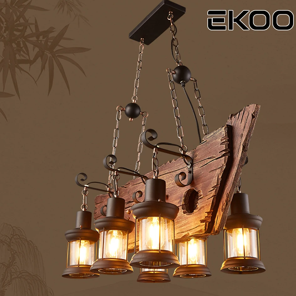 

EKOOE27 Chandelier Vintage Industrial Retro Wood Iron Lamp Industrial Rustic Light 6 Lights for restaurant bar Living Room