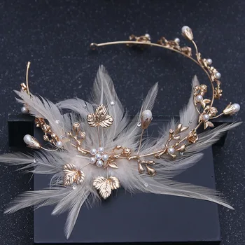 

Baroque Vintage Gold Feather Crystal Pearl Headband Rhinestone Flower Head Piece Bride Hairband Wedding Hair Jewelry Accessories