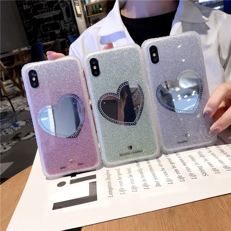 

3D Cute love heart diamond mirror shell Glitter soft phone case for iphone X XR XS MAX Cute mirror Case for iPhone 6S 6 7 8Plus