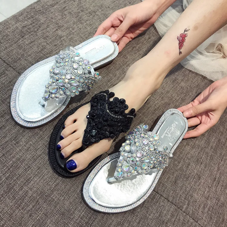 

Shoes Without Heel Rubber Slippers String Bead Slides Jelly Flip Flops Women Thongs Flat Summer Sliders Glitter Flip-flops 2019