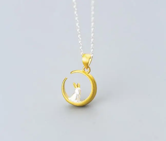 Подлинная настоящая. 925 пробы серебряные ювелирные изделия Золотой Кролик сидящий на Луне ожерелье с подвеской в виде полумесяца AnimalGTLx1767
