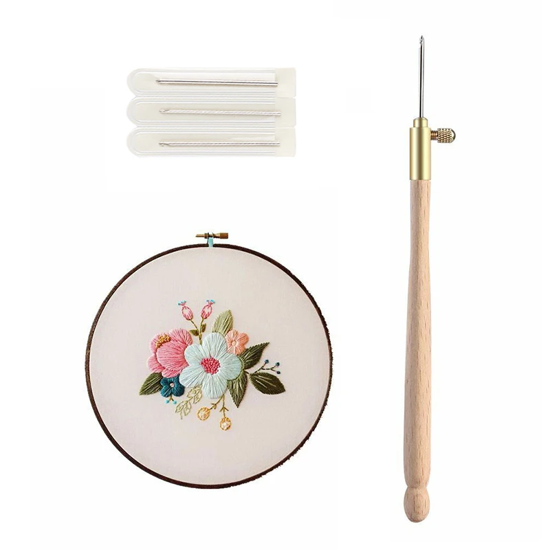 

2019 Safety DIY Craft Technique Wooden Handle Tambour Crochet Hook with 3 Needles French Embroidery Beading Hoop Sewing Tool Set