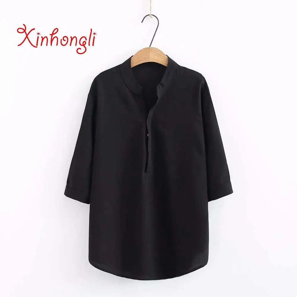 

Plus size dark blue & white & black & dark red chiffon women shirts 2019 summer stand collar half sleeves ladies blouse female
