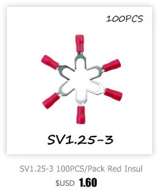 Sv1.25-3 100 шт./упак. Красный изоляцией Spade клеммный блок разъемов электрические Furcate рифлёная обжима кабеля Провода раздвоенный конец изоляции