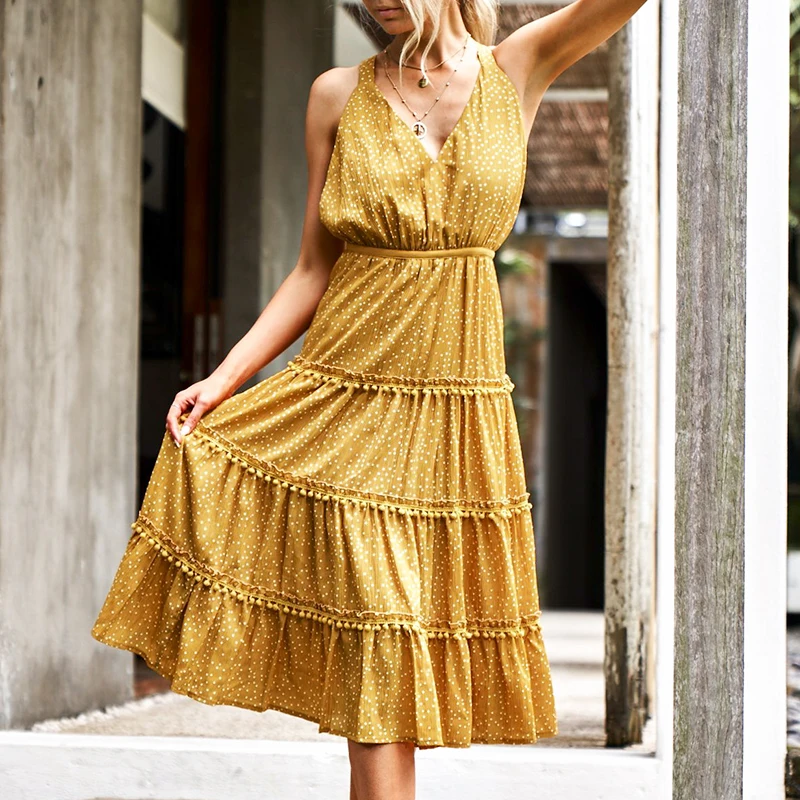 

Melegant Polka Dot New Maxi Dress Summer Women Casual Ruffle Party Long Dresses Backless Sexy V Neck Beach Dress Holiday Retro