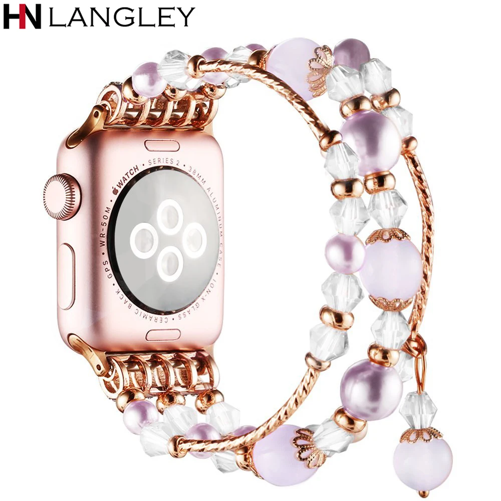 

Jewelry Pearl Strap for Apple Watch Bands Ladies Women Link Bracelet Band Beaded Elastic Strap for Iwatch 42mm 38mm