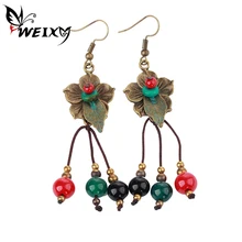 

WEIXY New Arrival Dangle Earrings Bohemia Fashion Women Green Red Beads Flower Shaped Drop Earrings Ethnic Fashion Jewelry Gift