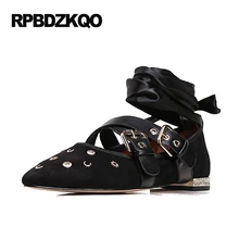 Черный Мэри Джейн шпилька приукрашенный Ремень для лодыжки балерина замша женщин металл зашнуровать балет Обувь известных марок плоские Runway Остроконечные последние Мода отправка капель европейская весенняя осень