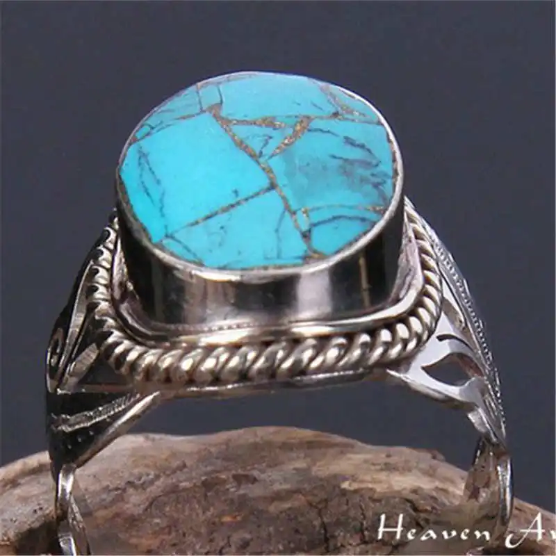 

R107 Nepal India Vintage Jewelry Rings White Metal Copper Inlay Turquoises Flower Ring