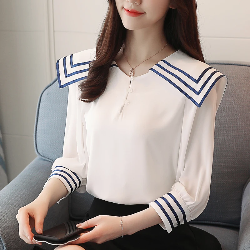 

Pengpious fashion summer nthree quarter sleeve chiffon tops striped sailor collar preppy style women shirts girls sweet blouses