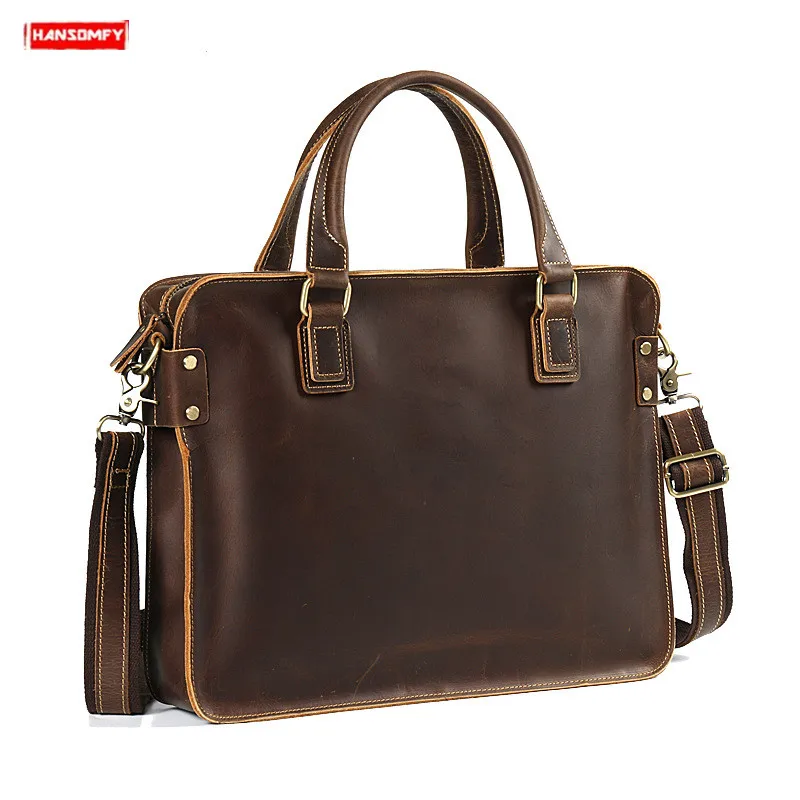 

Retro Crazy Horse Leather Men's briefcase business handbags 15" laptop Shoulder Messenger Bag first Layer Leather crossbody bag