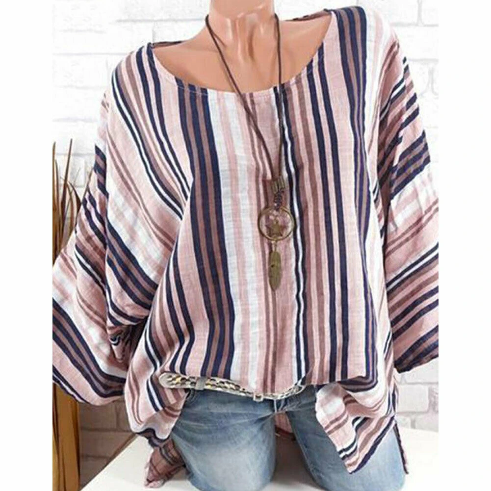 

Plus Size New Women Tops Raglan Sleeve Shirt arrival Cotton Linen Striped Baggy Tunic O-Neck Loose Shirt