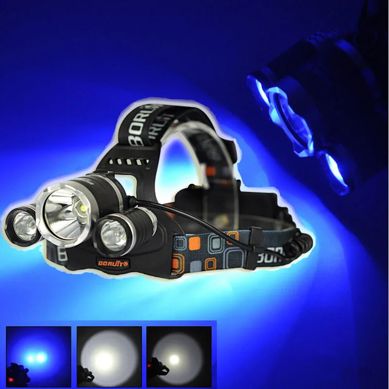 

BORUIT RJ-3000 1xCREE XML T6+2xCREE R2 Blue Light 3-Mode USB Rechargeable LED Headlamp (2x18650)