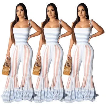 

Colorful Striped Spaghetti Strap Beach Summer Jumpsuits Women Backless Sexy Rompers Flare Jumpsuit