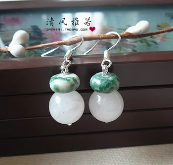 

decoration paragraphs female white marble green jade short ear clip earrings eardrop 925 sterling silver ear hook