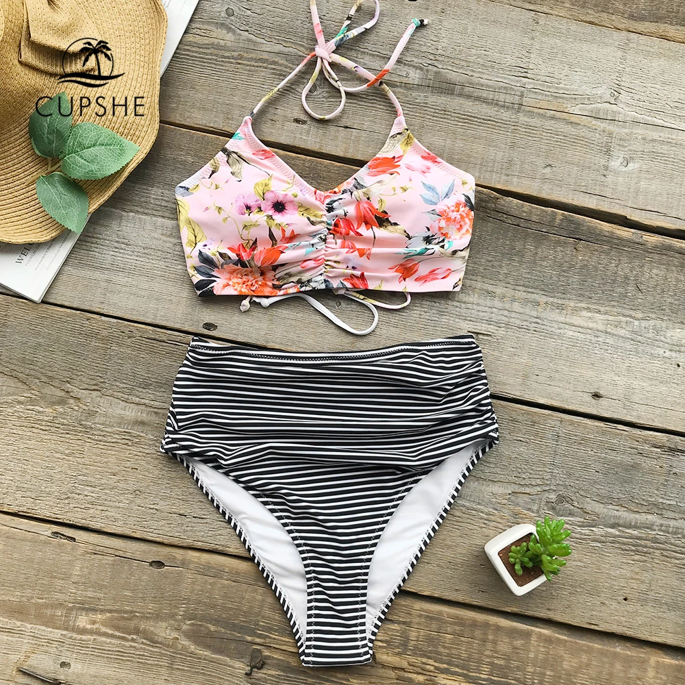 CUPSHE Flower Print Tank Bikini Set Women Lace up High Waisted Striped Two Piece Swimwear 2018 Beach New Shirring Bath Swimsuits
