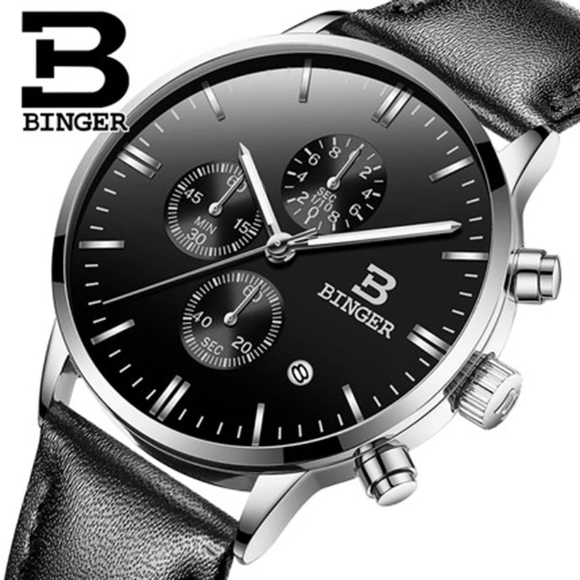 

Genuine Luxury BINGER Men leather strap sapphire watch male fashion casual business female waterproof table Spike