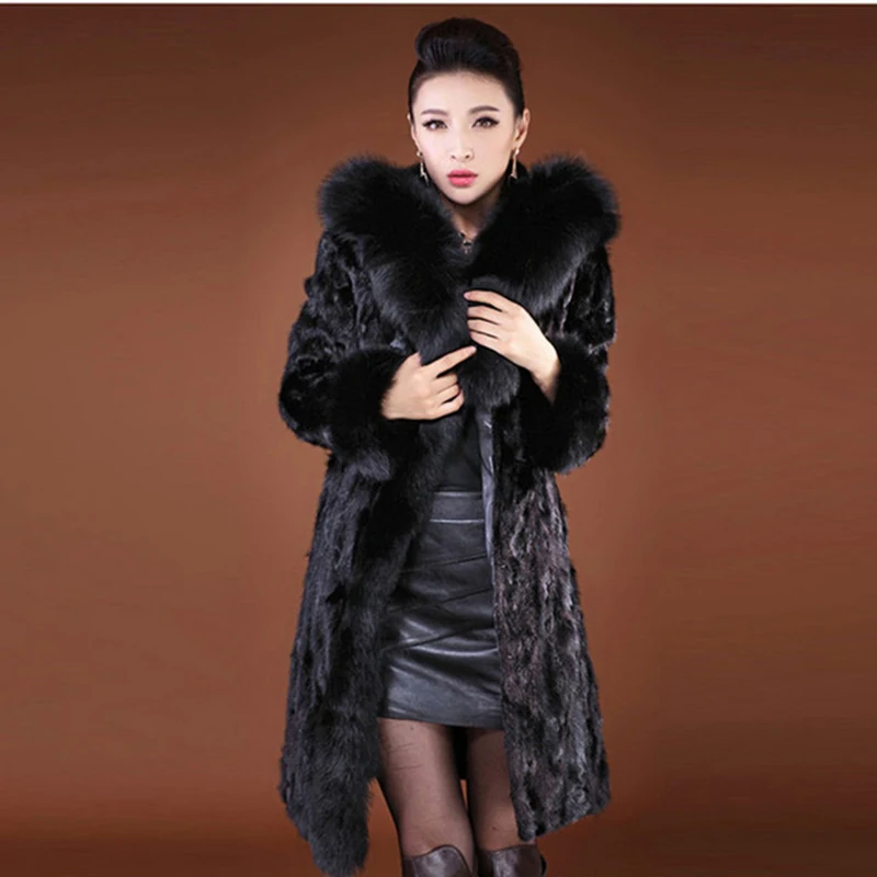Плюс 6XL женское плотное меховое пальто с капюшоном зимнее плотное меховое пальто элегантное модное тонкое женское черное меховое пальто большого размера