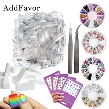 Набор для маникюра Addfavor, 500 шт, полное покрытие, накладные ногти, декоративные наклейки, стразы, градиентные губки для ногтей, инструменты для маникюра