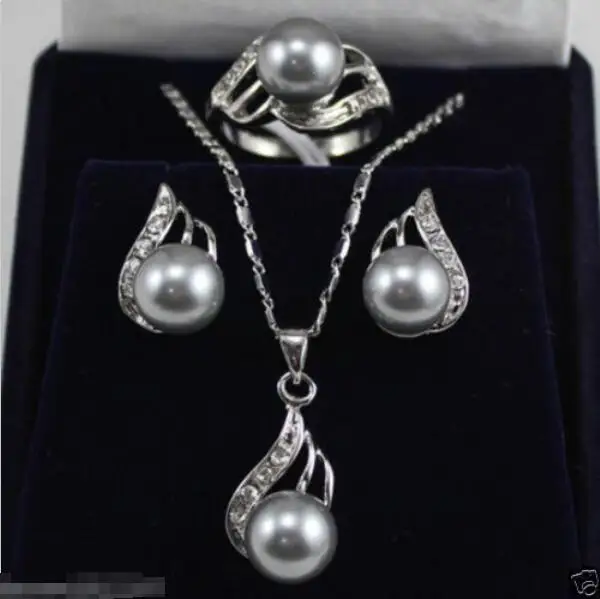 

Hot sale new Style >>>>Hot sale! New South sea gray Shell Pearl necklace Pendant Earrings Ring Set