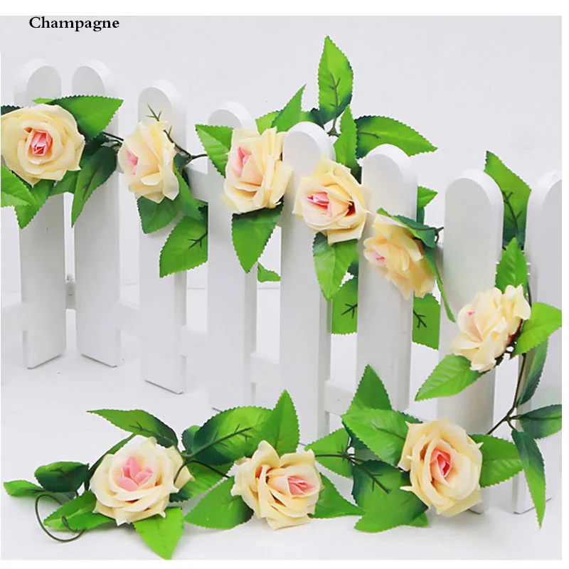 2,3 м шелк Вистерия искусственная Роза вино из плюща ротанга с зелеными листьями Настоящее прикосновение для украшения свадьбы стены Гирлянда для развешивания - Цвет: Champagne