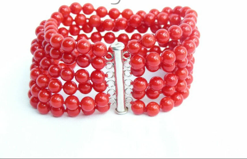 

shipping>>>>AAA 6row round red coral bracelet 925ss 5.25