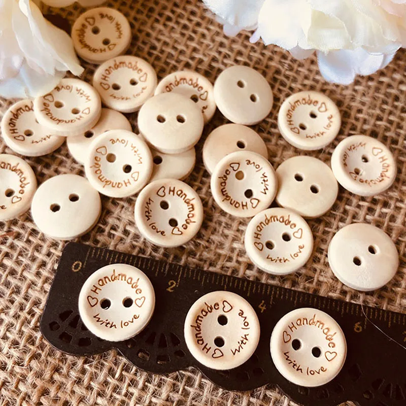 

100pcs Natural Color Wooden Buttons 15mm Handmade With Love Round Wood Button for Clothing Craft DIY Apparel Sewing Accessories
