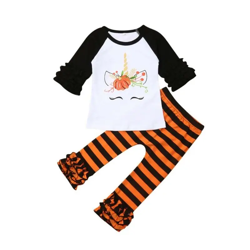 

Toddler Girl Clothes Set Kids Baby 2019 Halloween Fall Autumn Three Quarter Sleeve Ruffle T-shirt Pumpkin Striped Pants 2PCS