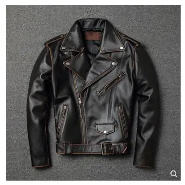 YR!Free shipping.sales.classic motor style genuine leather jacket.slim cowhide coat.fashion vintage slim jacket.plus size - Цвет: Коричневый