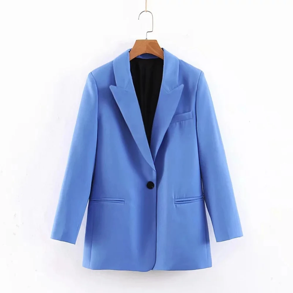 Klacwaya Для женщин Элегантный синий Блейзер костюм 2019 Модные женские Блейзер на одной пуговице куртки девушки зубчатый костюмы с воротом Топы