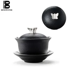 130 мл винтажный ручной работы японская керамика Металл Серебро бабочка Gaiwan китайский чайный набор кунг-фу Чайник Посуда для напитков