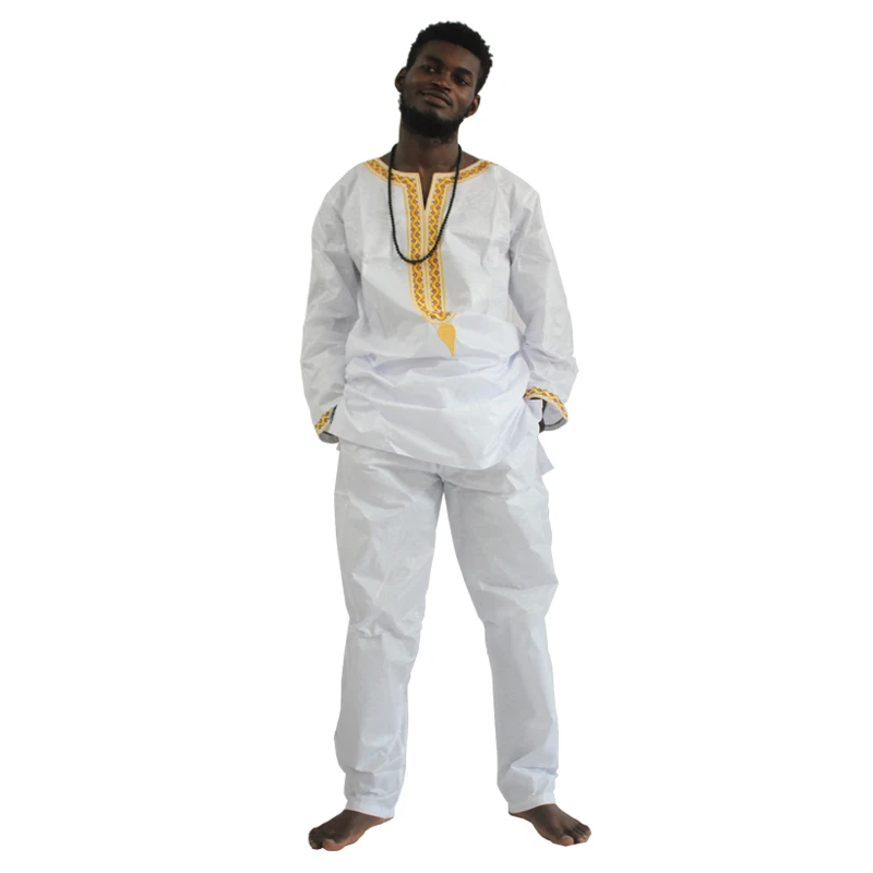 H& D Африканский Базен riche для мужчин Африка платье вышивка традиционная Мужская одежда футболка Топы Брюки Набор Дашики принт воск Африка мужские - Цвет: Белый