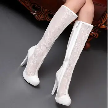 

Genuine Leather Thin High Heel Zip Close The Toe Cutout Knee High Women Sexy Summer Boots Cut Out Woman Long Boots 33-40 SXQ0430