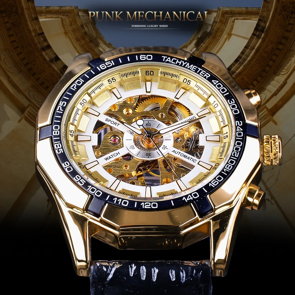 Forsining 2018 модные золотые и белые Наручные часы со скелетом мужские светящиеся стрелки часов Мужские механические часы лучший бренд класса