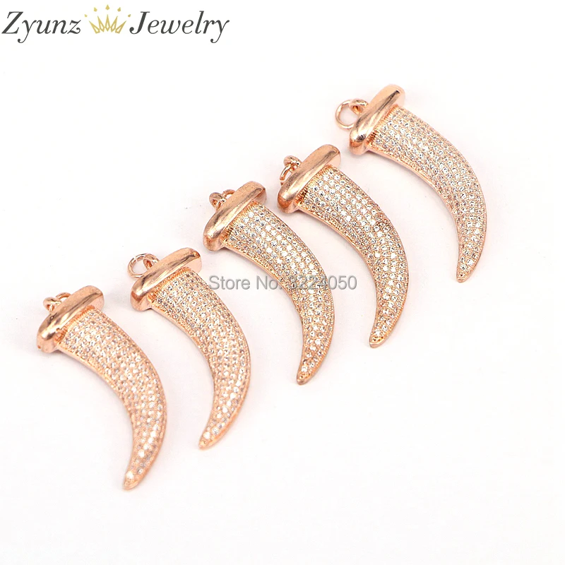 

5PCS ZYZ174-8809 Paved CZ Rose Gold Metal Horn Shape Micro Pave Crystal Zirconia Charm Pendant DIY Jewelry Parts Findings