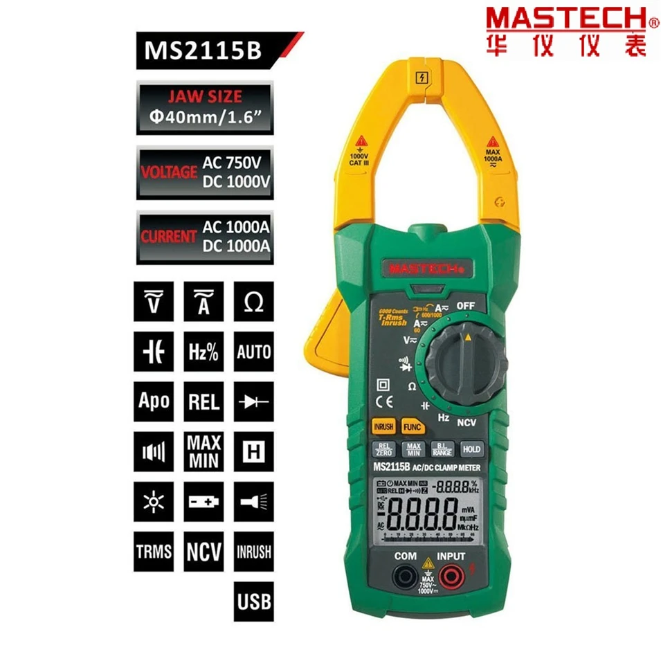 

MASTECH MS2115B True RMS Digital AC/DC Clamp Meters Capacitance Frequency Tester W/USB Interface & NCV