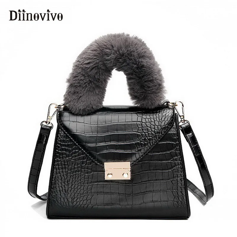 DIINOVIVO خمر الإناث حقائب التمساح الفاخرة جلد النساء حقيبة العلامة التجارية الشهيرة حمل حقيبة جديد فو الفراء أعلى-حقائب بيد WHDV0834
