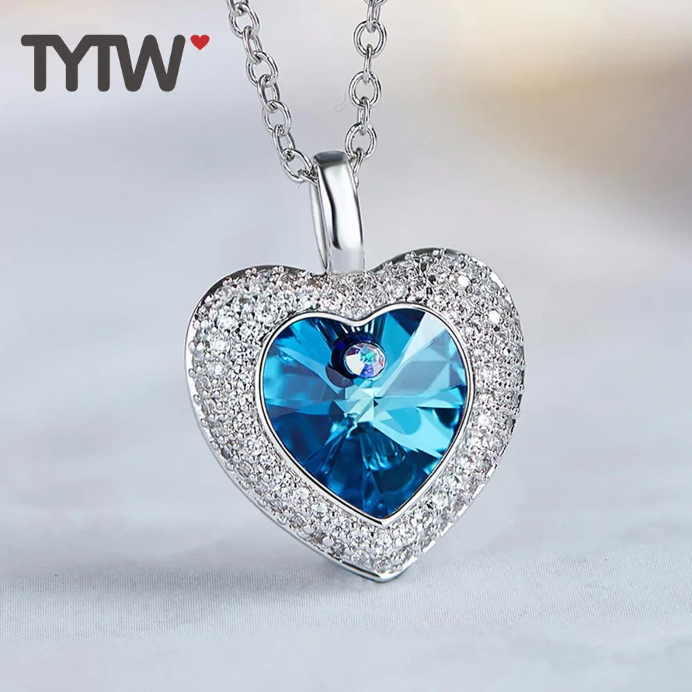 

TYTW Crystals From Austrian Necklace Women Pendants Jewelry Blue Purple Series Copper Heart Austrian Rhinestone