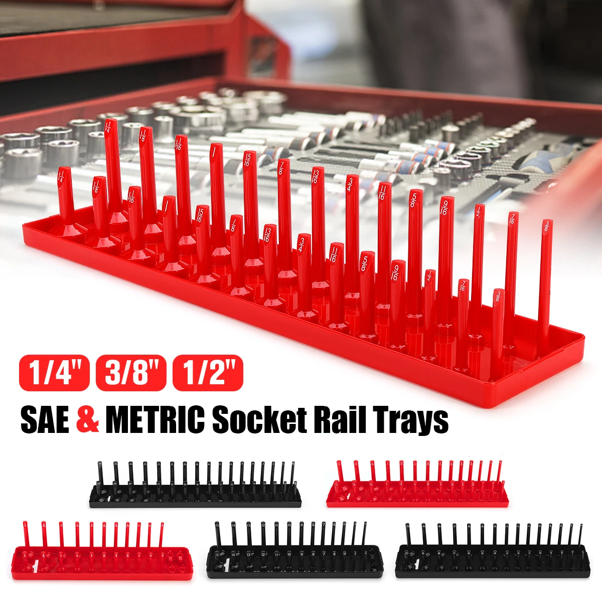 

6PCS Plastic Socket Organizer 1/2 3/8 1/4 Inch METRIC Black+1/2 3/8 1/4 Inch METRIC SAE Red Deep Standard With Socket Sizes