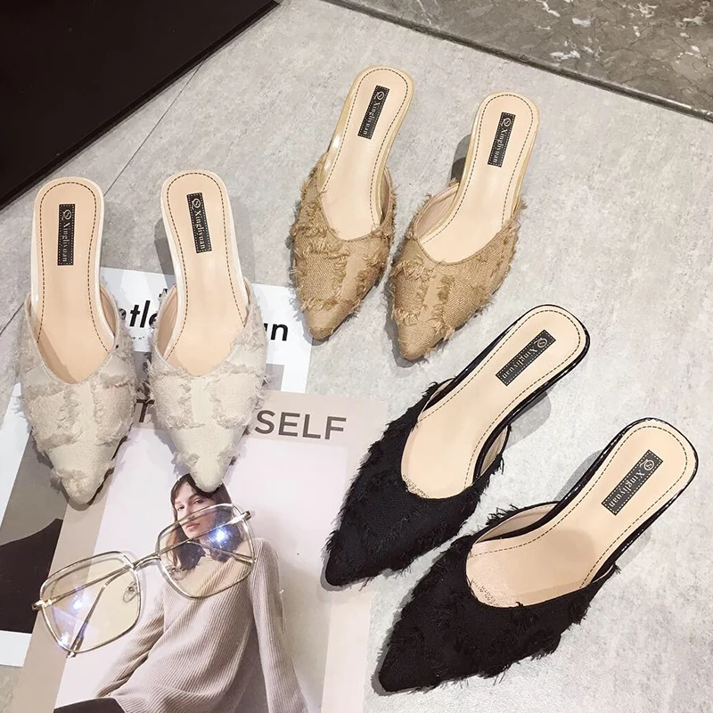 

Crelumen 2019 Summer Women's Stiletto Fashion Foot Half Slippers High Heels Single Shoes Pointed Sandals Lady Sexy Wear